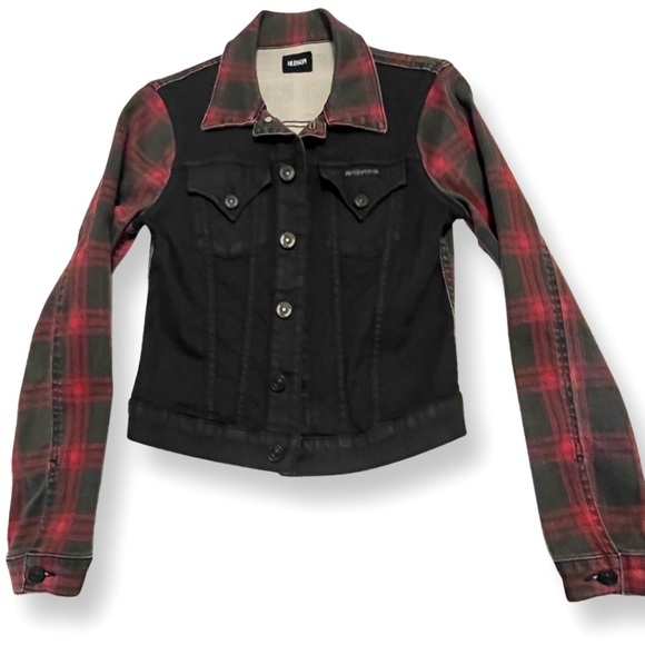 HUDSON Jeans Signature Jean Jacket, Black & Red Plaid - Picture 3 of 7